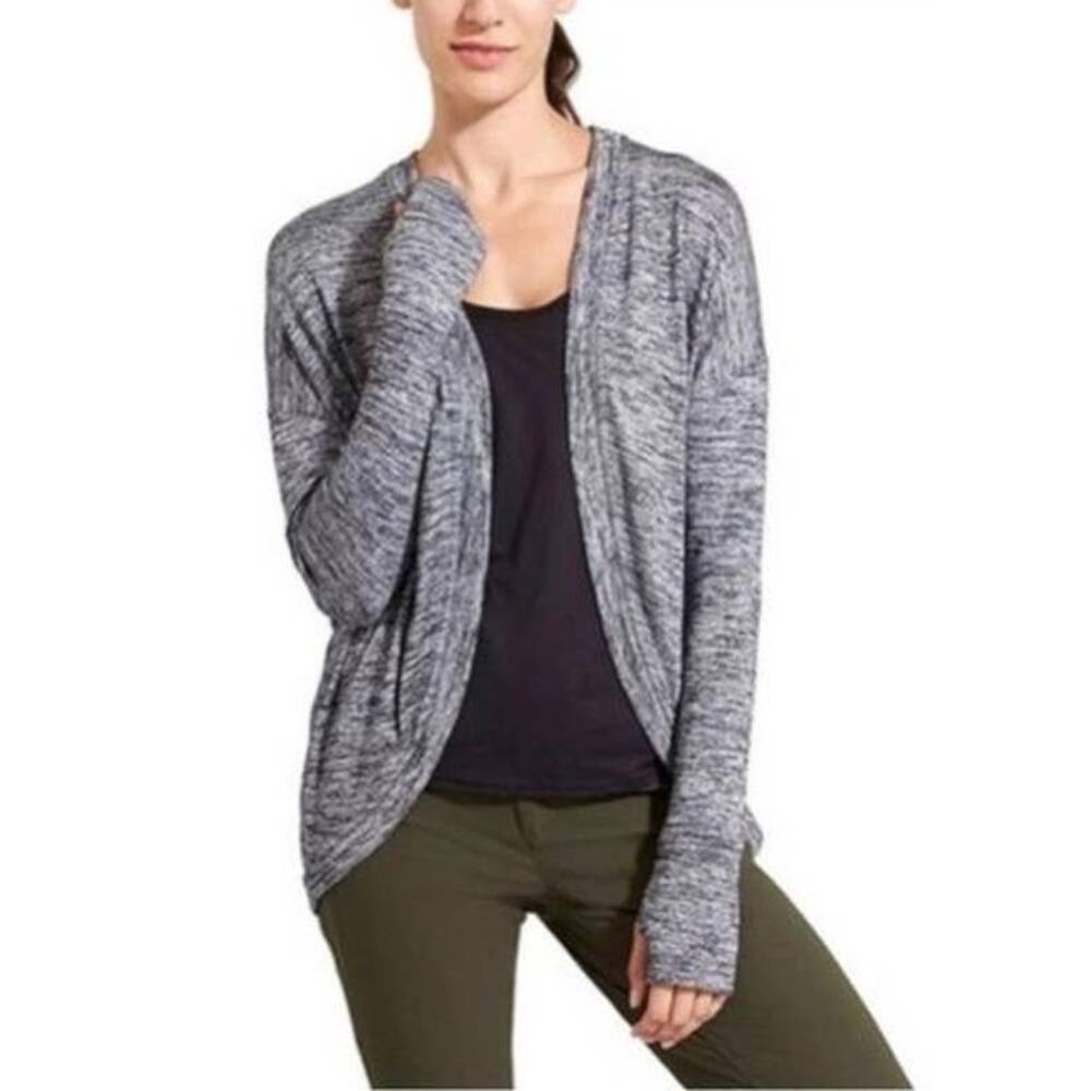 Athleta Pose Wrap Cardigan Sweater Womens Size Small Marled Gray Open Front Knit